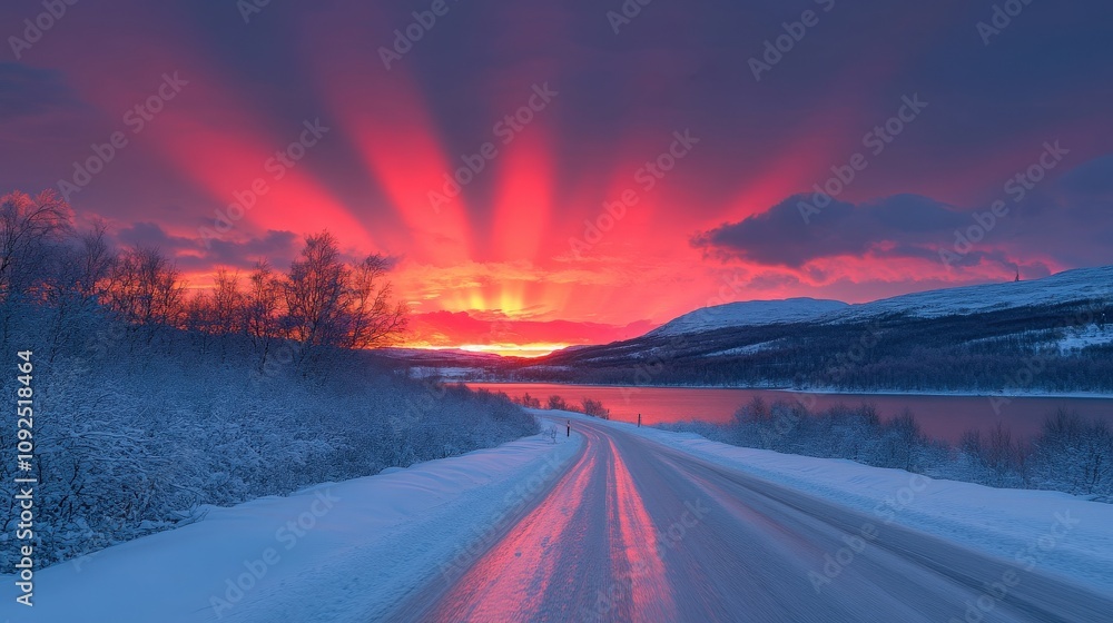 A breathtaking sunset casts vibrant colors across the sky, reflecting on a snowy road. The serene landscape features trees and distant mountains, showcasing the beauty of a winter evening in Norway.