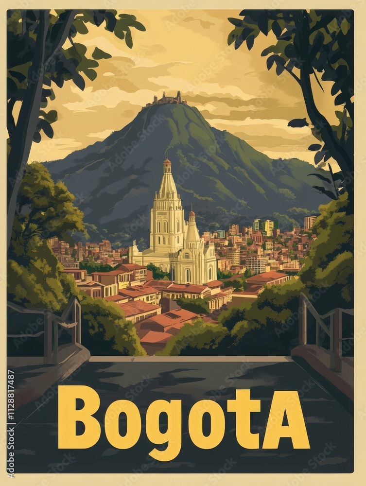 A breathtaking view of Bogota showcases its iconic churches and urban architecture, framed by lush greenery and a large mountain. The warm hues of sunset enhance the beauty of the city.