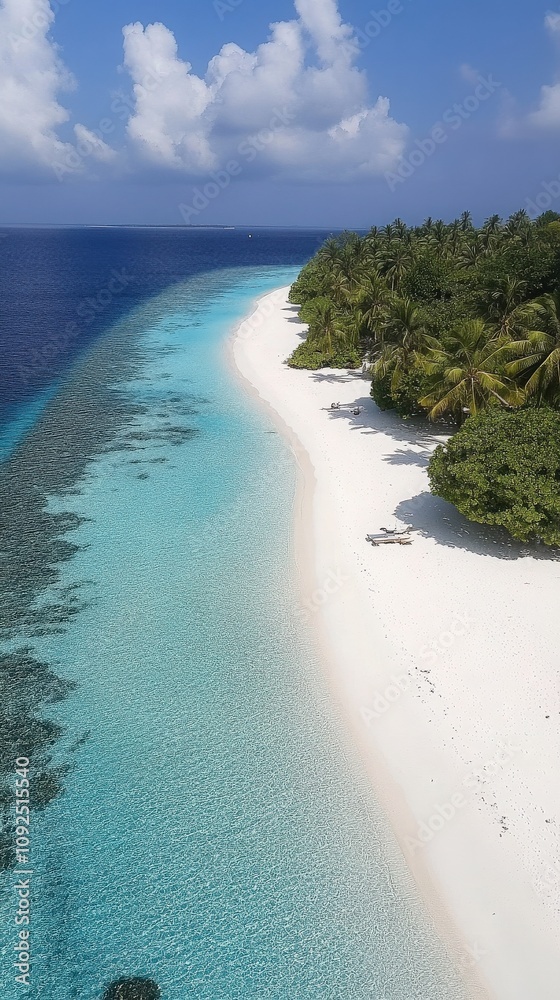 A breathtaking view of a white sandy beach gently curving along turquoise waters. Palm trees and tropical vegetation frame the shoreline, inviting relaxation and adventure.