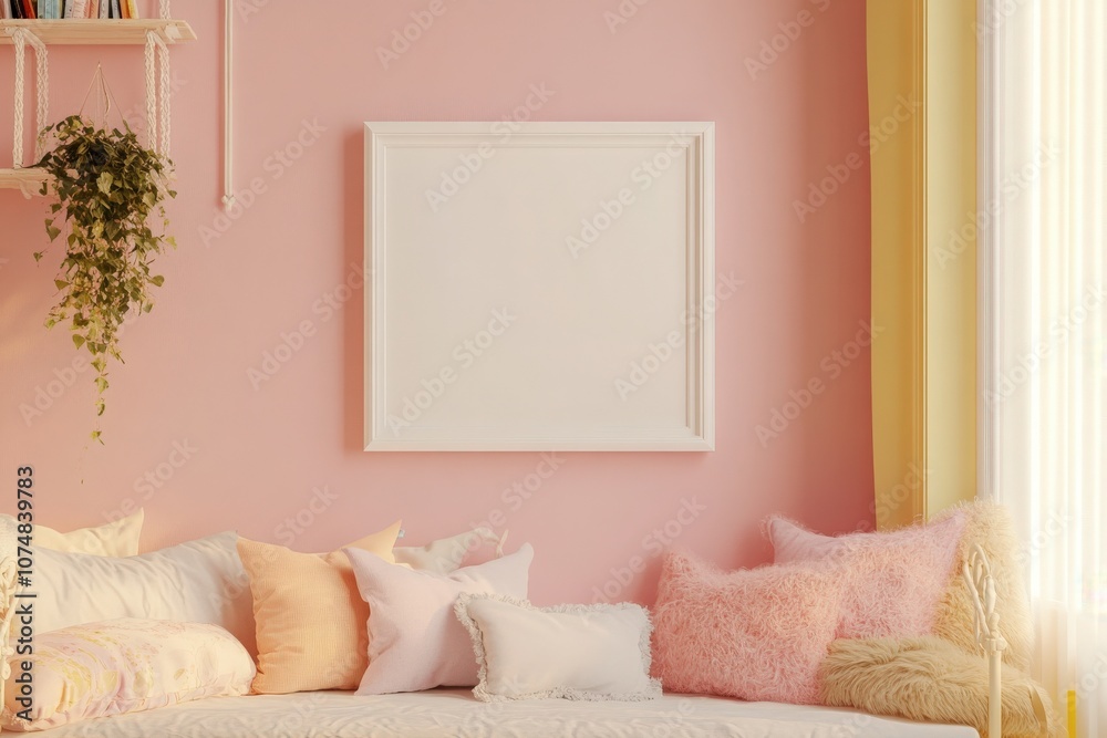 A bright and airy bedroom features an empty white frame mounted on a pastel pink wall, surrounded by soft pillows and cozy textures, creating a warm and inviting atmosphere for decor ideas.