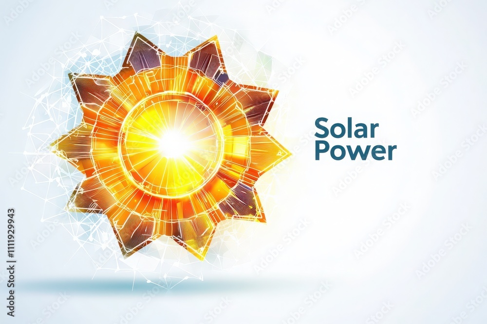 A bright and dynamic illustration showcases a sun symbol representing solar power. The design combines modern technology elements with a radiant solar motif, emphasizing renewable energy.