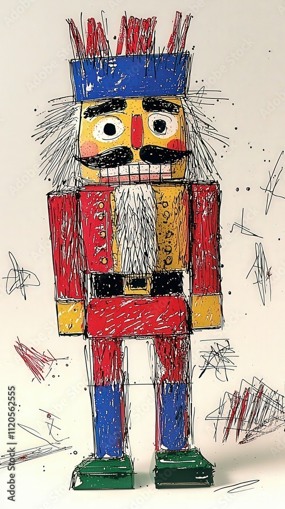 A bright and playful nutcracker figure stands proudly with vivid colors and a cheerful expression. The handcrafted wooden figure is decorated with vibrant paint and exudes holiday spirit.