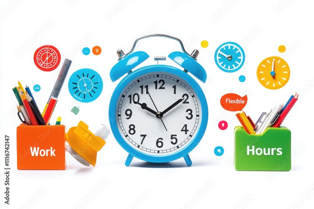 A bright blue alarm clock is surrounded by colorful stationery items symbolizing effective time management.