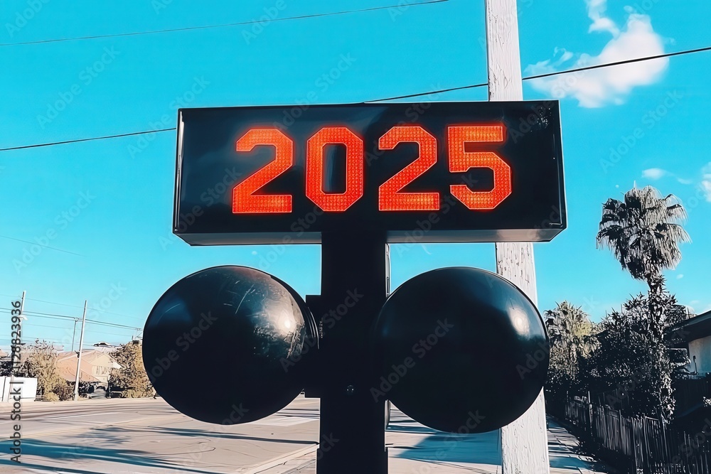 A bright digital clock displays the year 2025 under a clear blue sky. The setting features a suburban street with a palm tree and minimal traffic in the background.