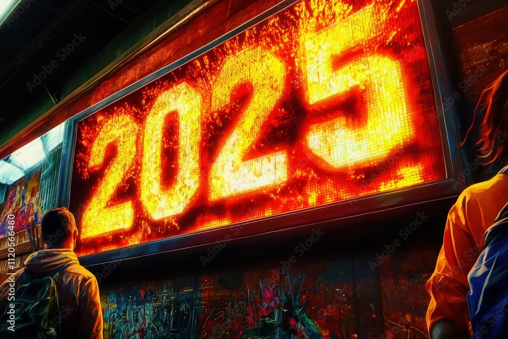 A bright digital display shows the year 2025 against a colorful graffiti backdrop. Two individuals stand in the foreground, captivated by the glowing numbers.