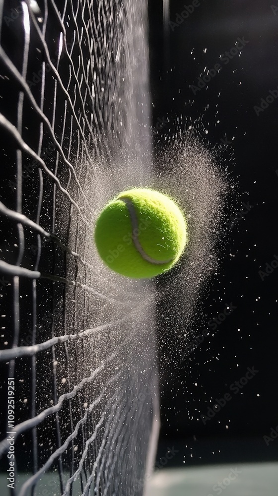 A bright green tennis ball strikes the net with force, creating a mist around it. The background is dark, highlighting the action in a competitive atmosphere on the court.