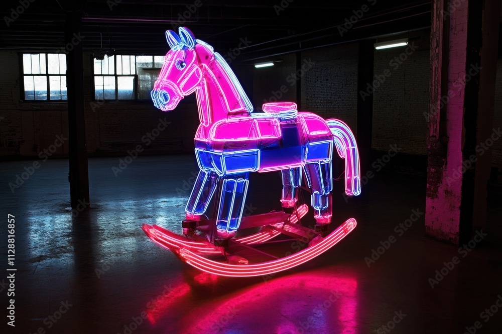A bright, neon rocking horse glows in a dark warehouse, showcasing vivid pink and blue lights. The retro design stands alone, creating a whimsical atmosphere in the industrial space.