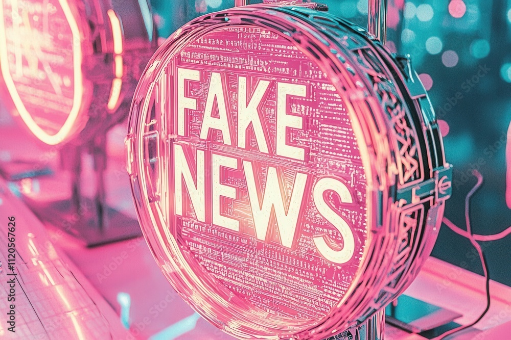 A bright neon sign displaying the words fake news stands out against a blurred city backdrop. The illuminated letters create a striking visual contrast, emphasizing the theme of misinformation.