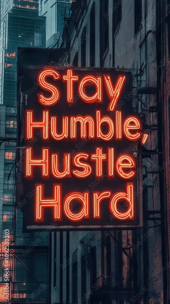 A bright neon sign displays the motivational phrase encouraging humility and hard work. It is located in a bustling city environment, illuminated against a twilight sky, capturing the urban vibe.