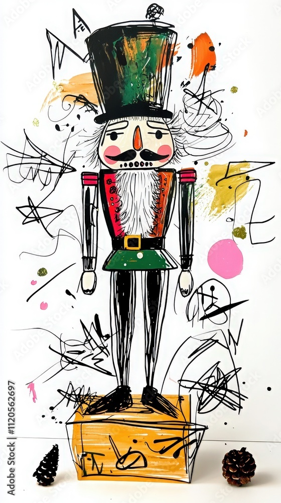 A bright nutcracker figure with a tall hat and detailed features stands on a wooden block. Surrounding it are playful splashes of color and abstract doodles, creating a festive atmosphere.