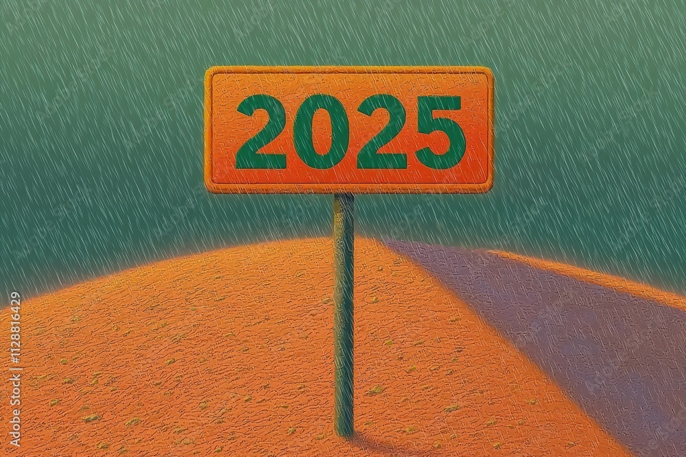 A bright orange sign displays the year 2025, set against a muted, rainy background with a textured brown ground and winding road leading off into the distance.