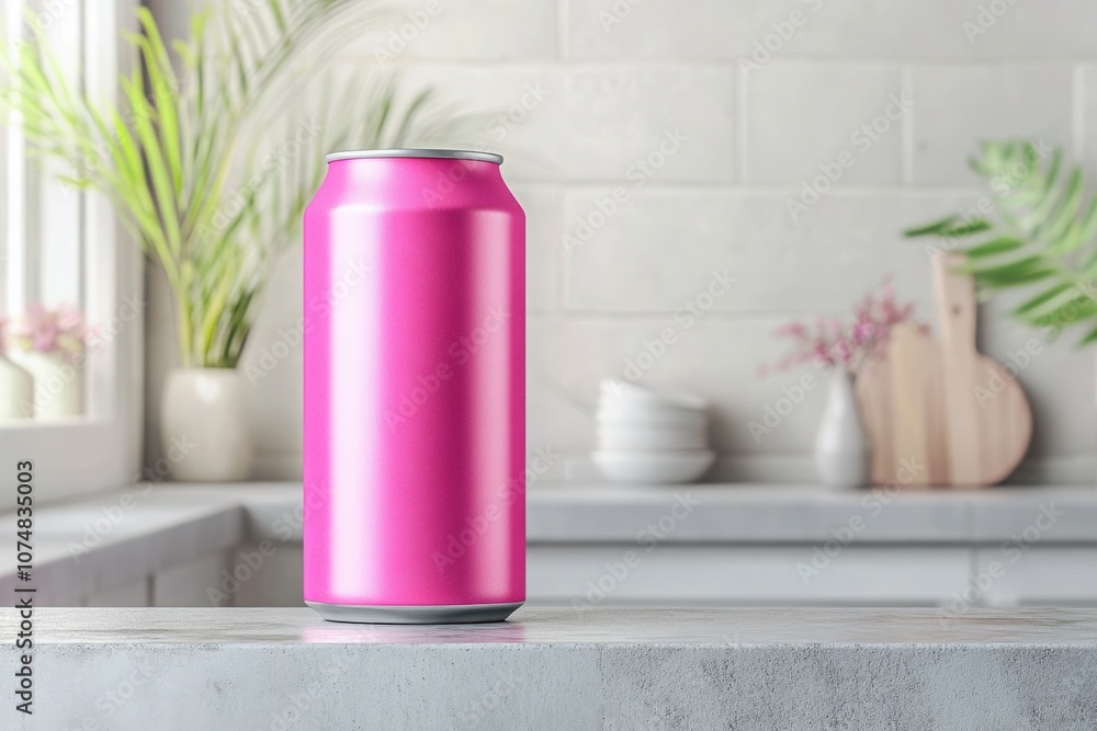 A bright pink energy drink can mockup stands prominently on a sleek kitchen counter. The modern setting features greenery and kitchenware, adding a fresh atmosphere to the scene.