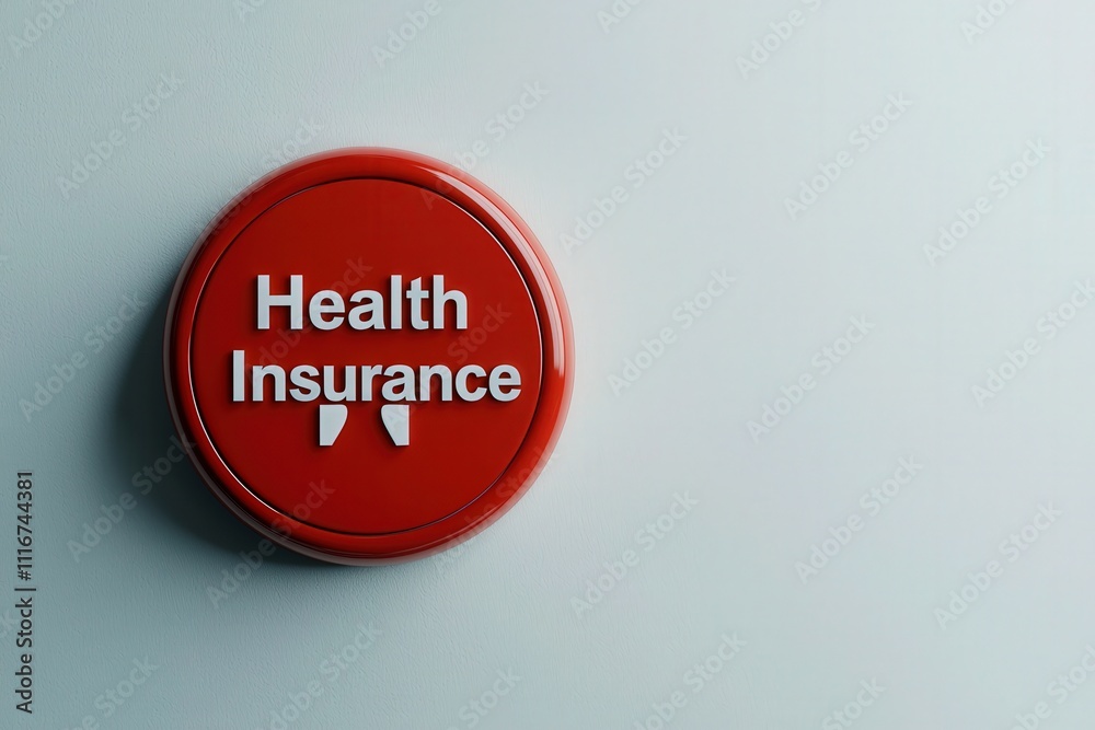 A bright red circular sign featuring the words Health Insurance is displayed against a simple light wall. This visual element emphasizes the importance of healthcare coverage and services.