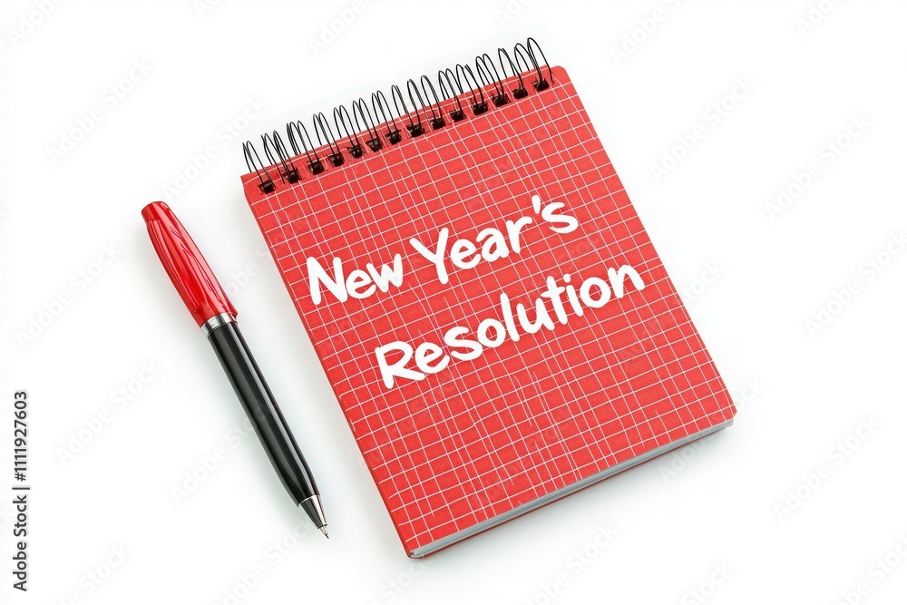 A bright red notebook with a spiral binding displays the words New Years Resolution on its cover. A black pen rests beside it, symbolizing the motivation to plan for the upcoming year and its goals.