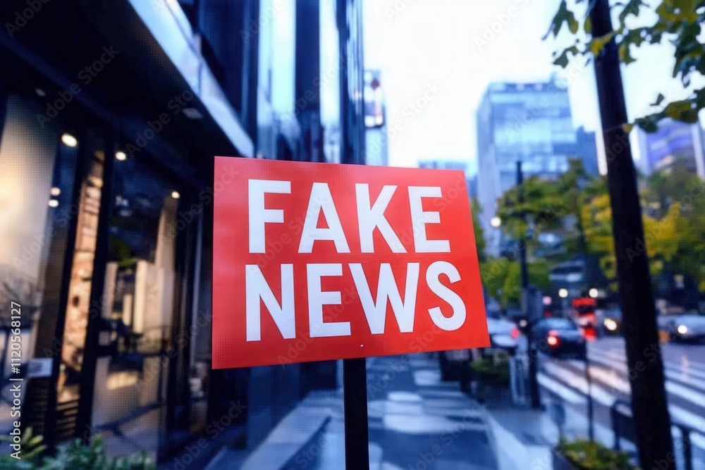 A bright red sign reading FAKE NEWS stands prominently on a street corner.