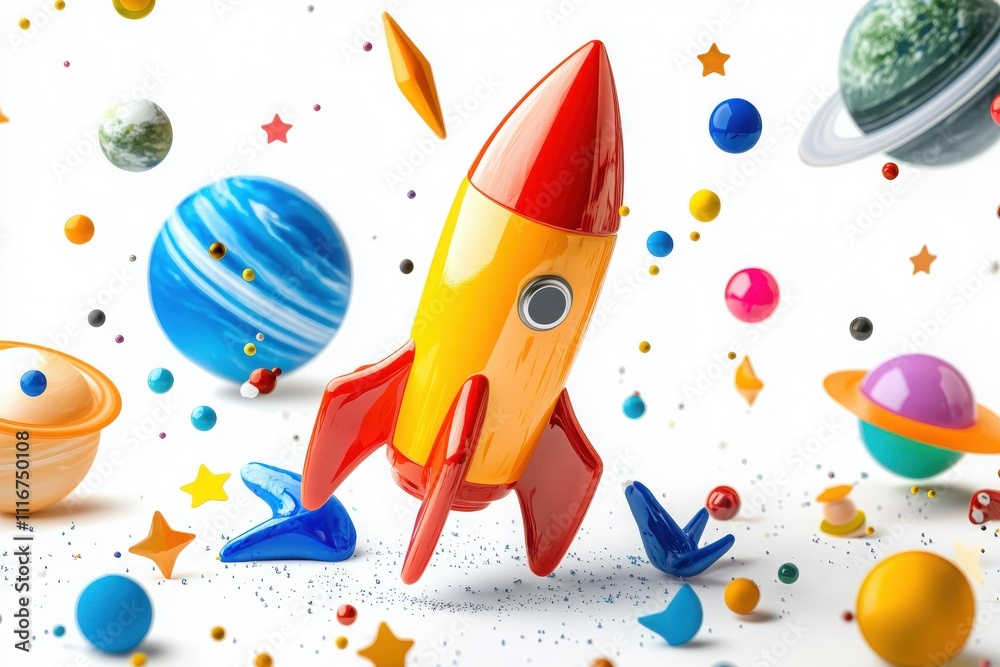 A bright yellow and red rocket stands upright, surrounded by colorful planets and stars in a whimsical space setting. The playful atmosphere evokes a sense of adventure and curiosity.