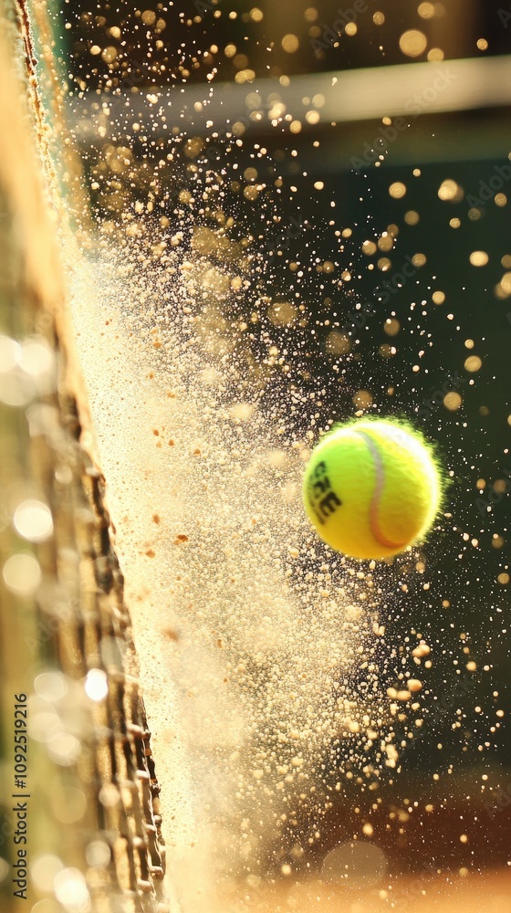 A bright yellow tennis ball makes contact with the court, sending up a cloud of dust in an intense moment of play. The action captures the energy and excitement of a competitive match.