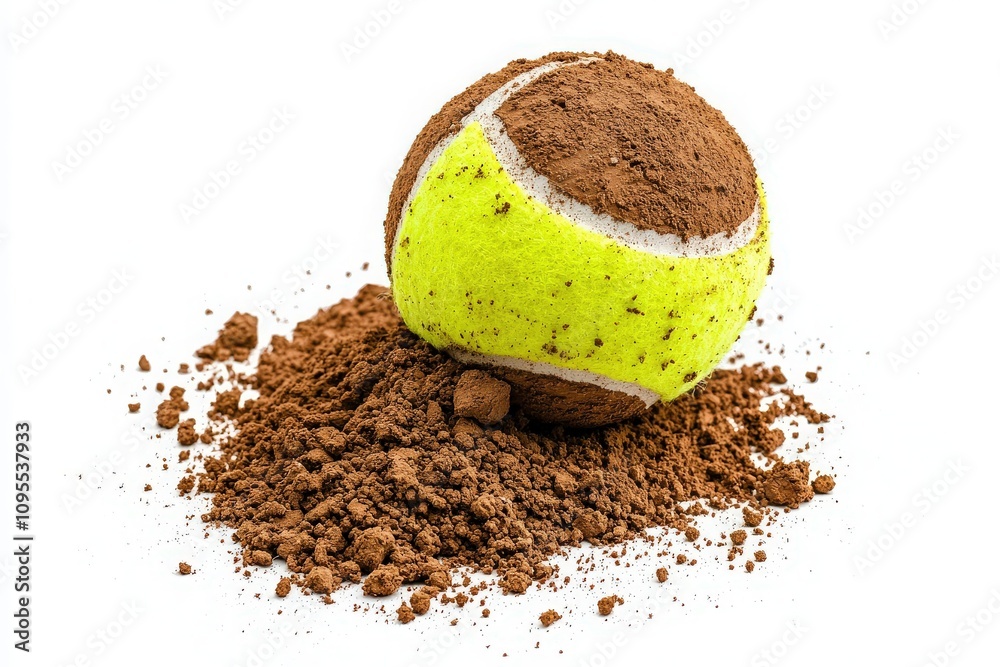 A bright yellow tennis ball rests on a mound of brown dirt, highlighting the contrast between the vibrant color and earthy tones, suggesting a playful yet messy outdoor activity.