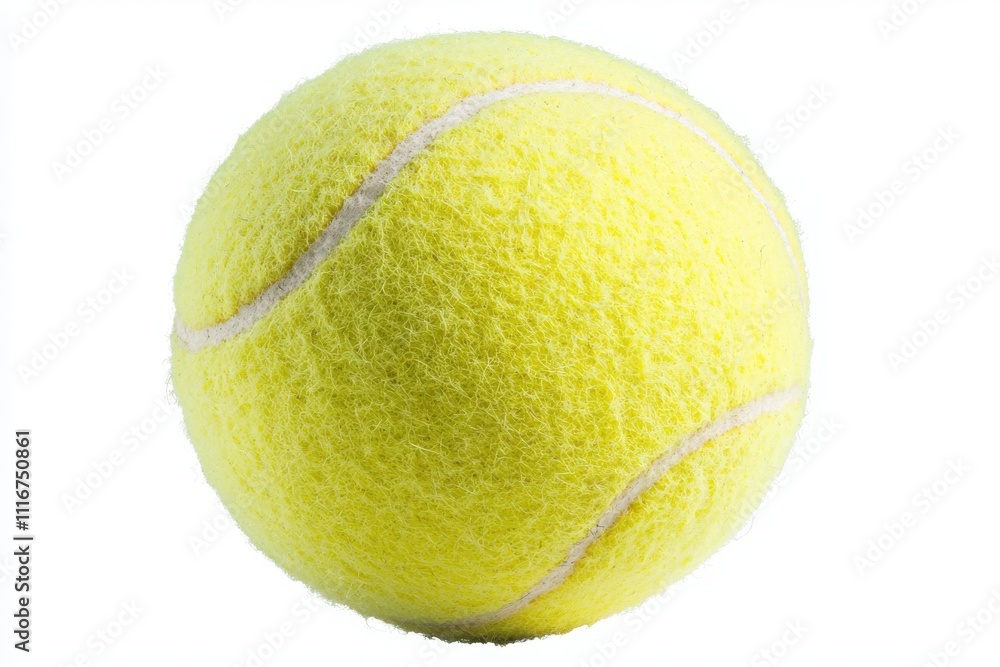 A bright yellow tennis ball sits against a plain white background, emphasizing its texture and design. Ideal for tennis enthusiasts preparing for a match or training.