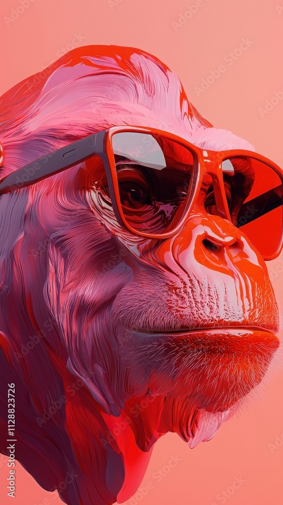 A brightly colored gorilla model wears stylish sunglasses while posing against a vivid pink backdrop. The artistry highlights details and texture, creating a bold visual statement.