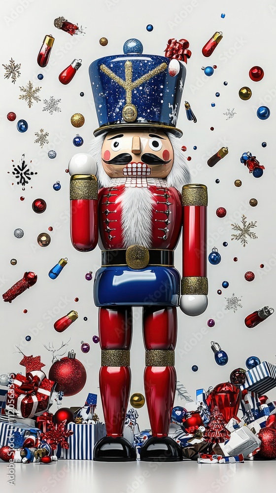 A brightly colored nutcracker stands proudly among an array of shiny decorations and wrapped gifts. The background features snowflakes and colorful ornaments, enhancing the holiday atmosphere.