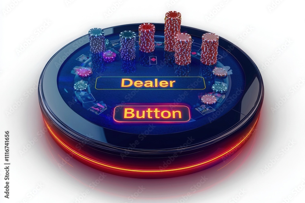 A brightly lit poker table displays an array of colorful chips stacked beside a dealer button. This setup indicates a ready game night atmosphere with excitement in the air.