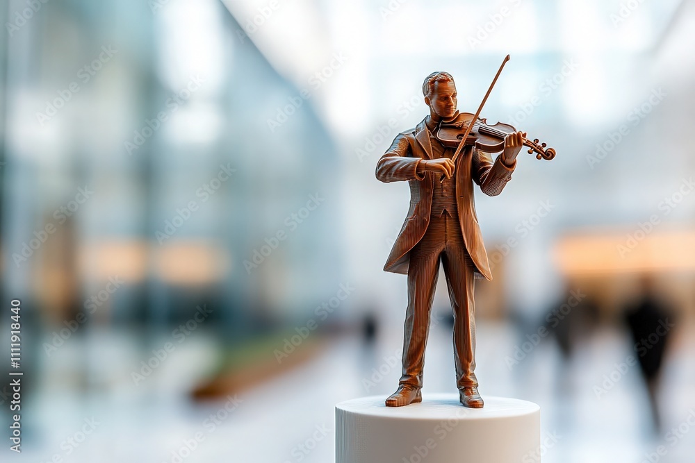 A bronze statue of a violinist is displayed on a pedestal in a contemporary indoor environment. The background features blurred figures, highlighting the artistic focus of the sculpture.