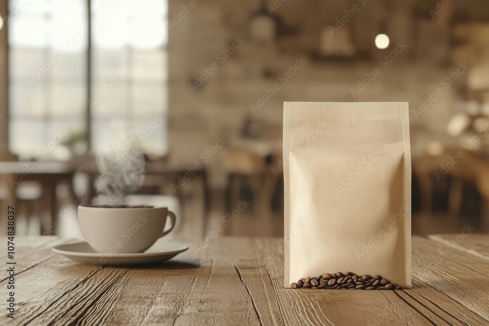 A brown coffee bag filled with coffee beans is positioned next to a steaming cup on a wooden table in a warm cafe. Sunlight filters through large windows, creating a welcoming atmosphere.