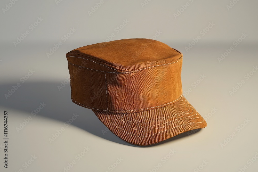 A brown fabric cap is positioned on a soft surface, showcasing its unique shape and texture. The gentle lighting emphasizes the details and stitching of the cap, creating a warm ambiance.