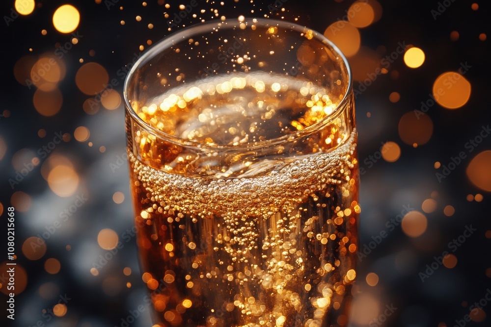 A bubbly champagne flute captures the celebrations sparkle as golden bubbles rise, reflecting warm lights in a festive setting, evoking joy and special moments to be shared.