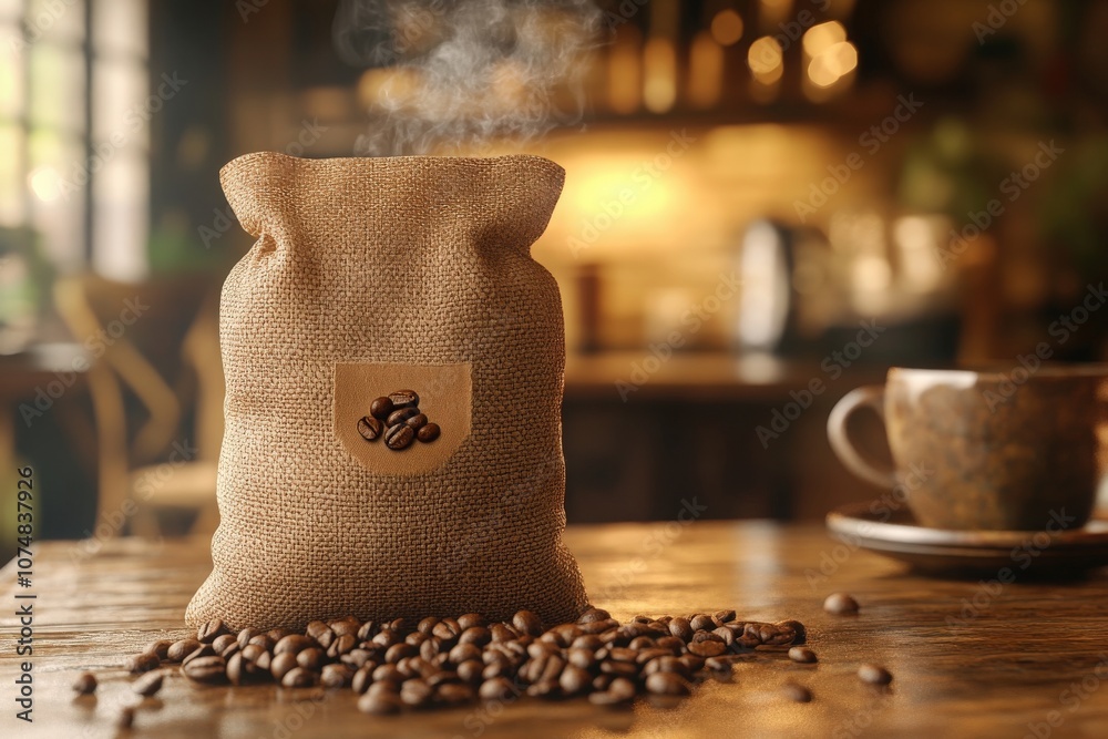 A burlap coffee bag sits prominently on a wooden table, surrounded by scattered coffee beans. Smoke rises from the bag, creating an inviting ambiance in a warm cafe atmosphere.