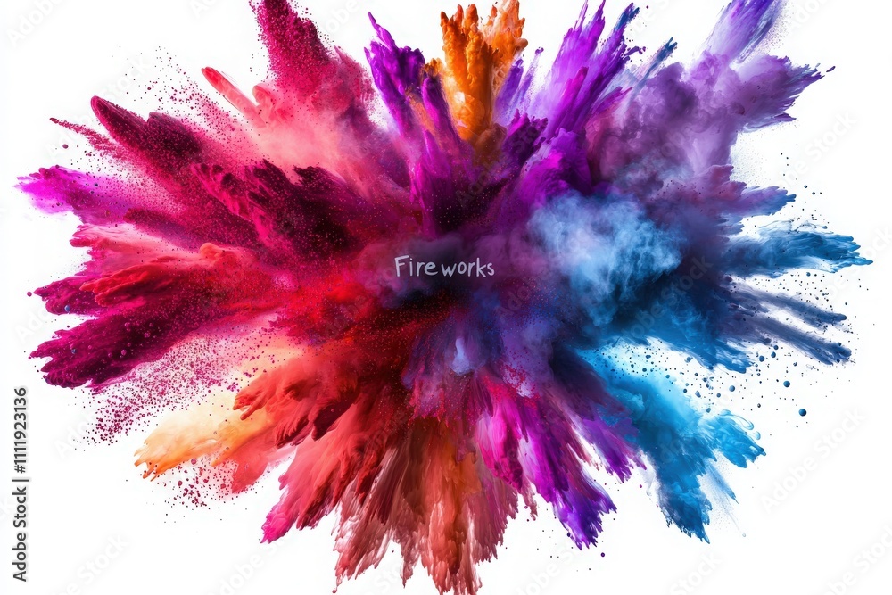 A burst of vibrant colored powder creates a stunning visual effect, reminiscent of fireworks, in a lively celebration. The bright hues blend and disperse, filling the space with energy.