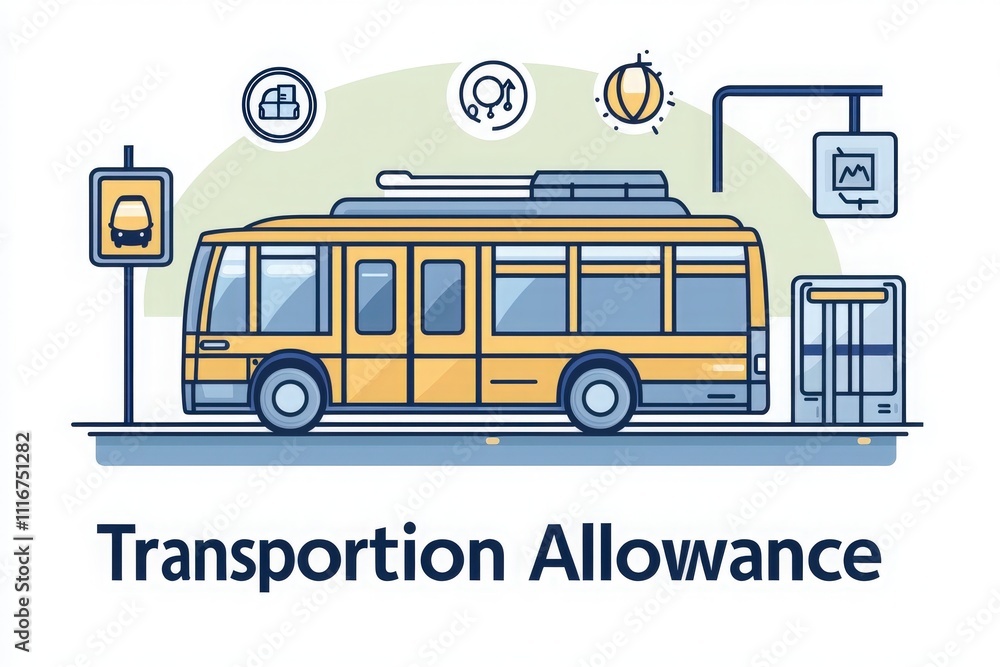 A bus stands parked at a bus stop, surrounded by icons depicting delivery, travel, and navigation. The scene emphasizes transportation benefits in a city environment, showcasing urban mobility.