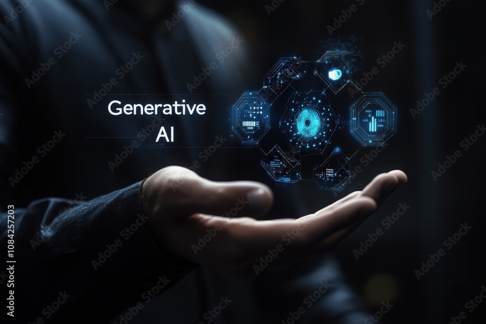 A businessman confidently holds virtual icons representing generative AI technology, demonstrating innovation in a sleek office setting. The scene suggests a future-focused business approach.