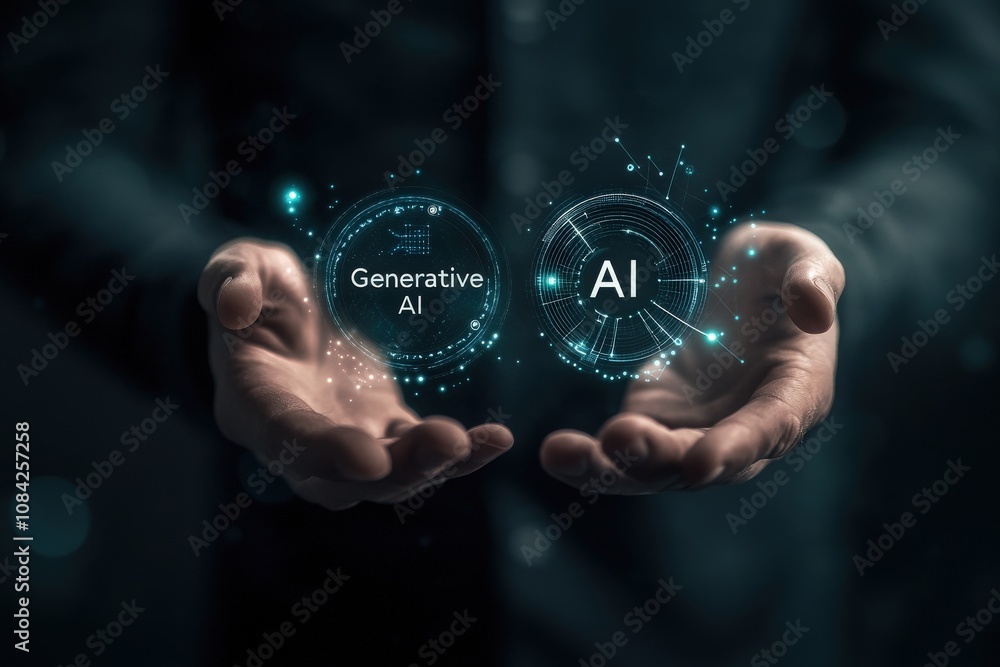 A businessman holds virtual icons of generative AI and AI technology in his hands, showcasing advancements in digital innovation.