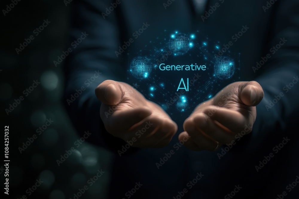 A businessman stands confidently, holding virtual icons representing generative AI technology. The dark ambiance of a modern office creates a focused atmosphere for this innovative demonstration.