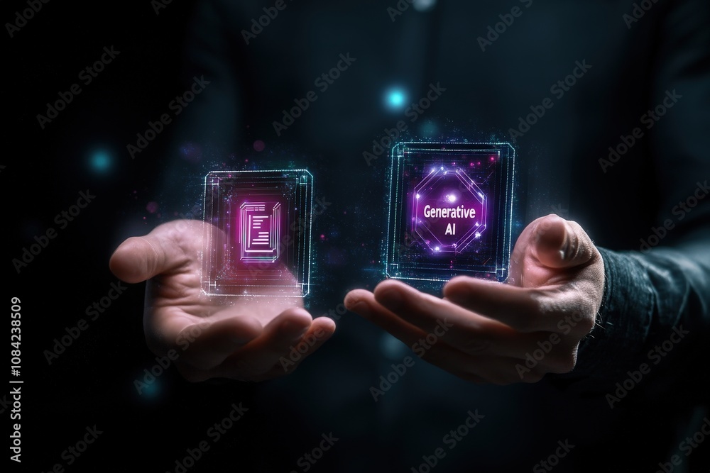 A businessman stands confidently, showcasing interactive virtual icons that represent advanced technology concepts. The setting reflects a contemporary corporate environment, emphasizing innovation.