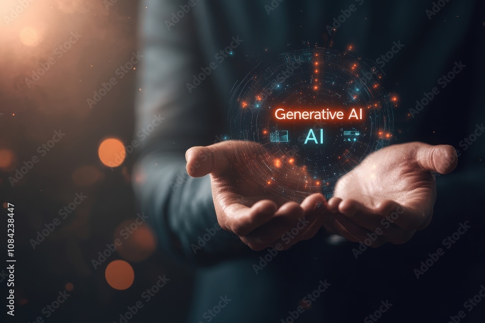 A businessman stands in a contemporary environment, holding glowing virtual icons that represent generative AI concepts. The display of technology hints at innovation and future trends.