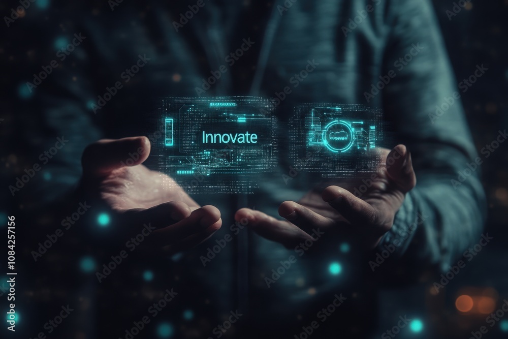 A businessman stands in a contemporary office, holding glowing virtual icons that represent innovative technology. He engages with digital content, showcasing a futuristic work environment.