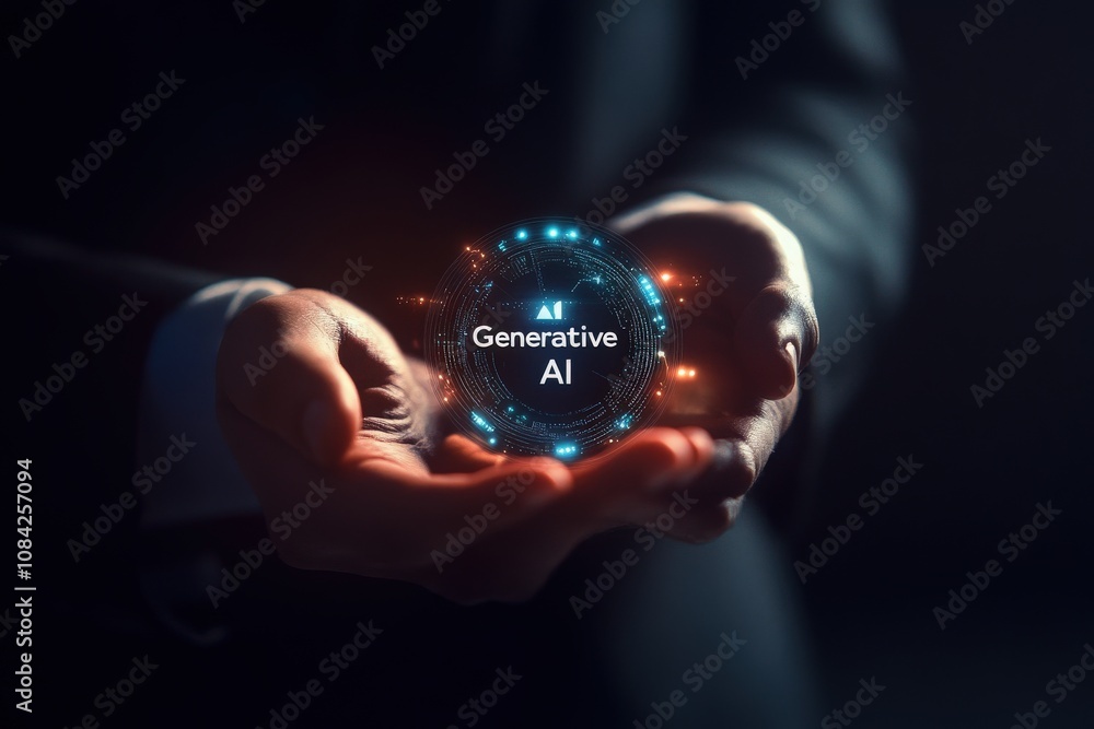 A businessman stands in a modern office, holding a glowing sphere displaying generative AI icons. The scene highlights innovation and technology in a professional setting during evening.
