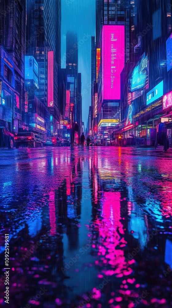 A bustling city street glows with colorful neon lights reflecting in puddles during a rainy night. People stroll in the wet atmosphere, enhancing the urban nightlife vibe.