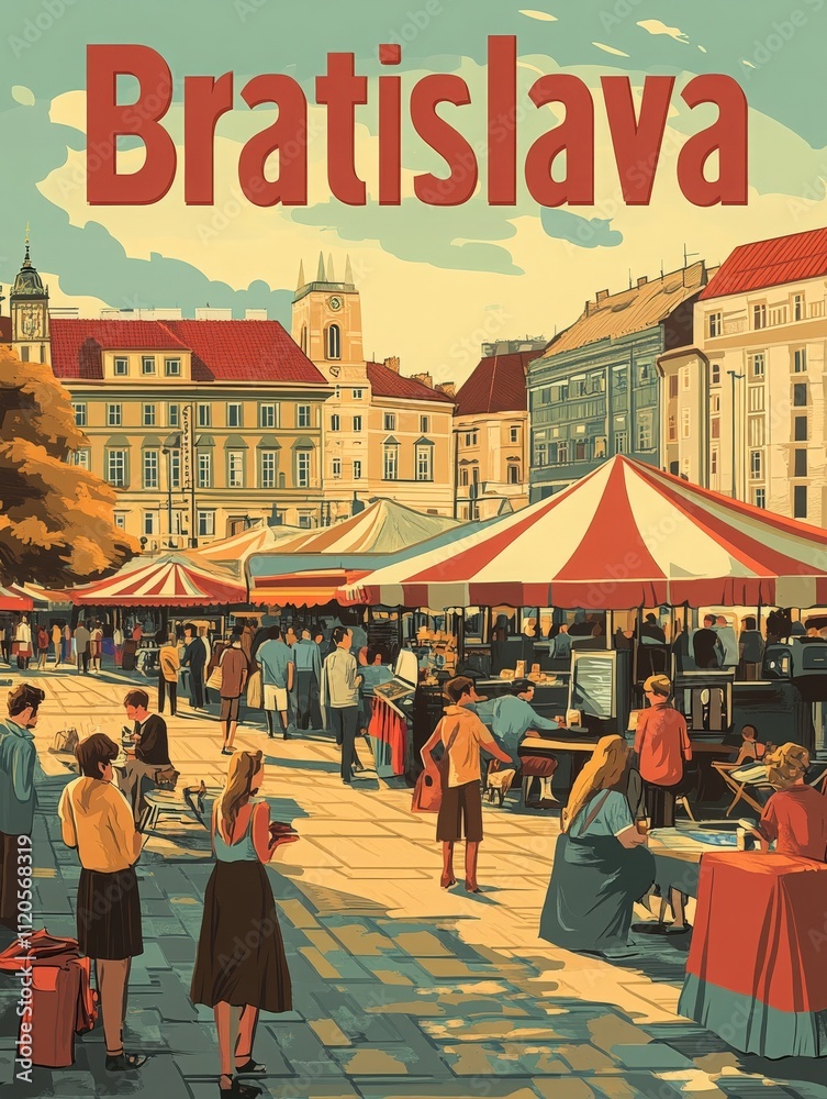 A bustling market in Bratislava features colorful tents and vendors selling goods. Locals stroll and engage, enjoying the lively atmosphere amidst historical architecture under warm sunlight.