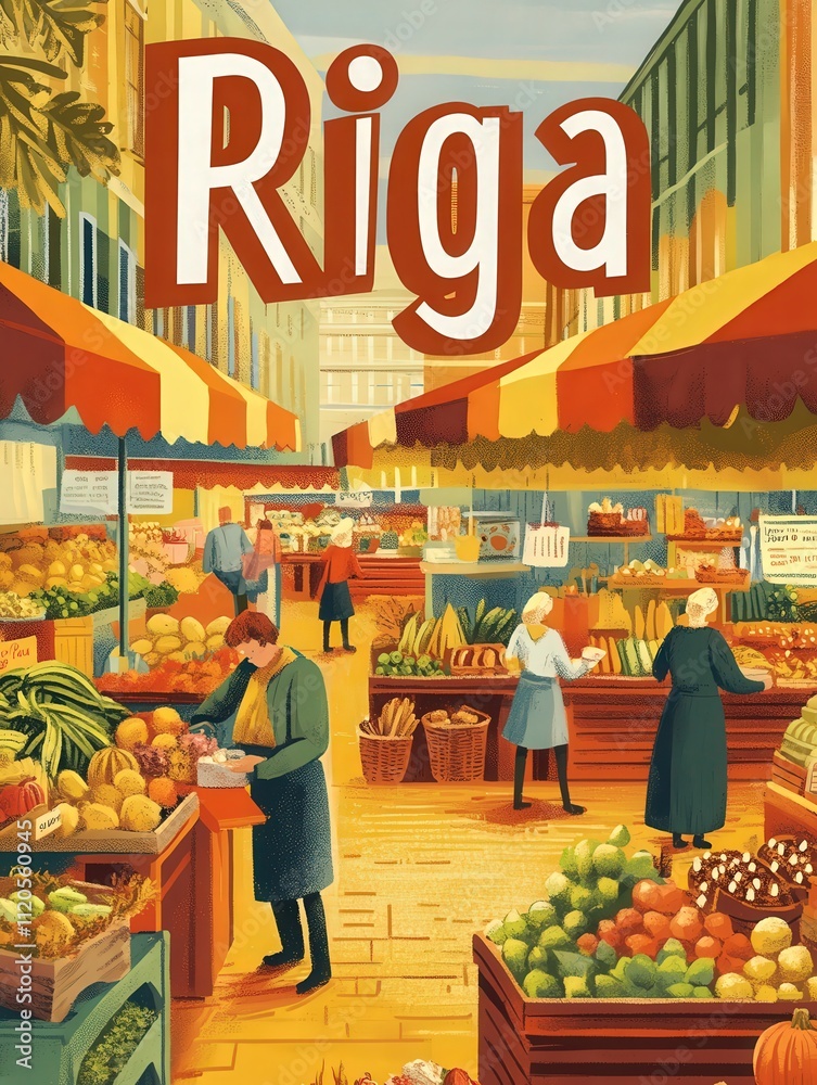 A bustling market in Riga features colorful stalls filled with fresh fruits and vegetables. Vendors engage with customers in a lively atmosphere, highlighting local produce on a bright, sunny day.