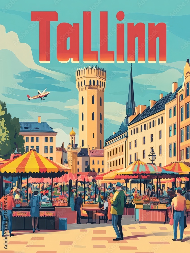 A bustling market in Tallinn features colorful stalls under striped awnings. People browse goods while a small plane flies overhead, with a historic tower in the background.