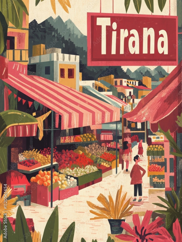 A bustling market in Tirana showcases vibrant stalls filled with fruits and vegetables. People shop and explore the lively atmosphere under the warm sun, surrounded by greenery and hills.