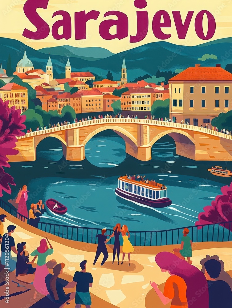 A bustling scene in Sarajevo showcasing the iconic bridge and lively river activity. People gather along the waterfront to enjoy the sunny day, surrounded by beautiful architecture and nature.