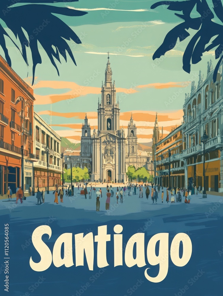 A bustling square in Santiago showcases the grandeur of historic architecture, with people strolling under a vibrant sky. Lush greenery frames the monumental buildings, creating a lively ambiance.