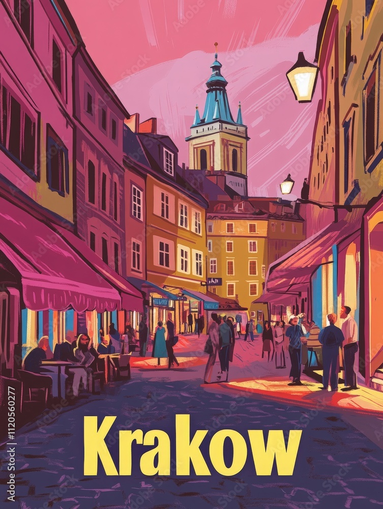 A bustling street in Krakow comes to life during the evening hours. People gather at outdoor cafes, enjoying the warm atmosphere, with historic buildings and a clock tower in the background.