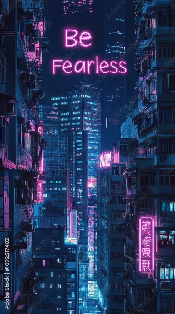 A bustling urban environment is illuminated by neon lights from tall buildings. The atmosphere is vibrant with a motivational phrase displayed prominently against the backdrop of skyscrapers.