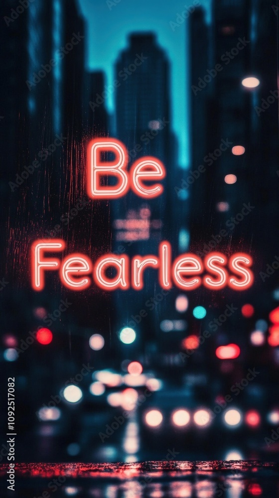 A bustling urban street illuminated by colorful lights and a prominent neon sign that reads Be Fearless. The atmosphere captures the excitement of nighttime city life.